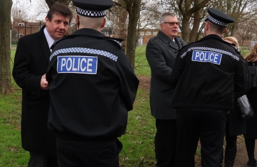 Stephen and Roger Hirst, the Police and Crime Commissioner, with police in Basildon.