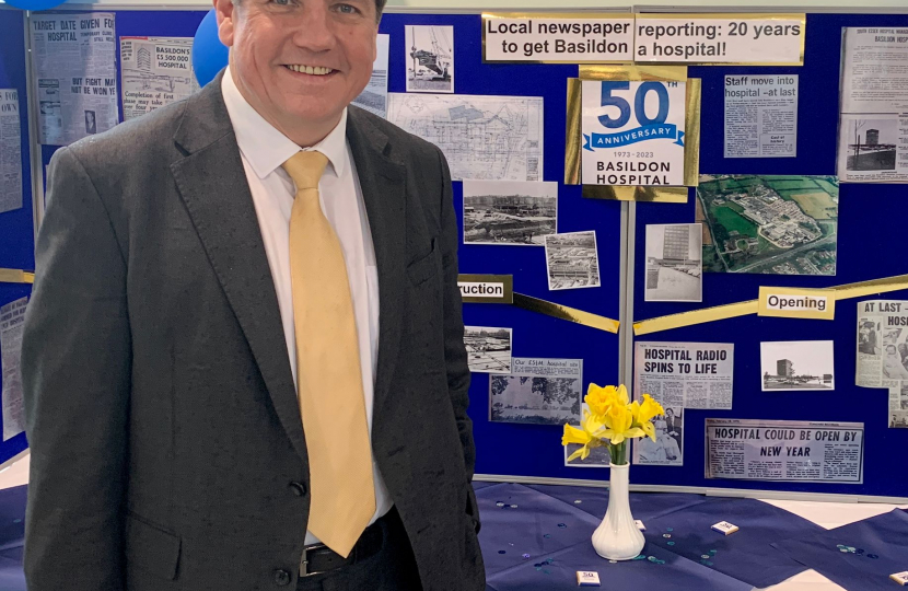 Stephen looks at a historical display of Basildon Hospital.