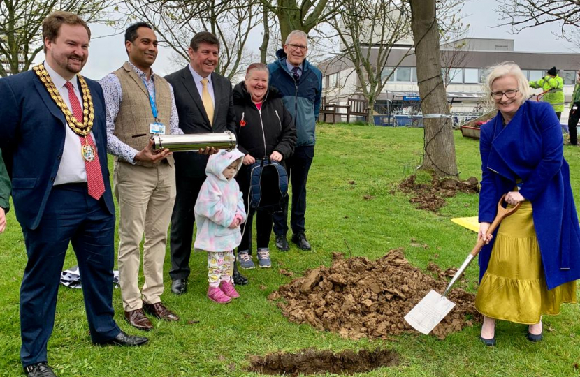 Stephen joins Rosie and Pamela Kirkman to bury the time capsule.