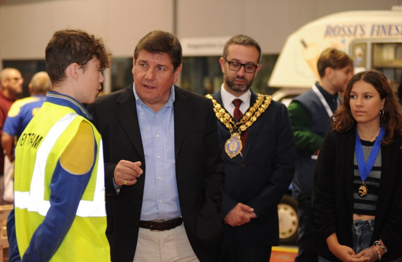 Stephen Metcalfe with the Mayor of Basildon, Luke Mackenzie, and the Youth Mayor of Basildon, Charlotte Hedley-Barnes.