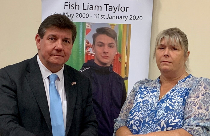 Stephen Metcalfe and Julie Taylor stand by one of the Liam Taylor Legacy Bleed Control Kits.