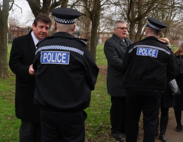 Stephen and Roger Hirst, the Police and Crime Commissioner, with police in Basildon.
